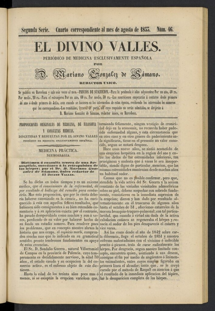 Miniatura de El Divino Vallés: periódico de medicina esclusivamente nacional 4º al mes de agosto de 1853, nº 46