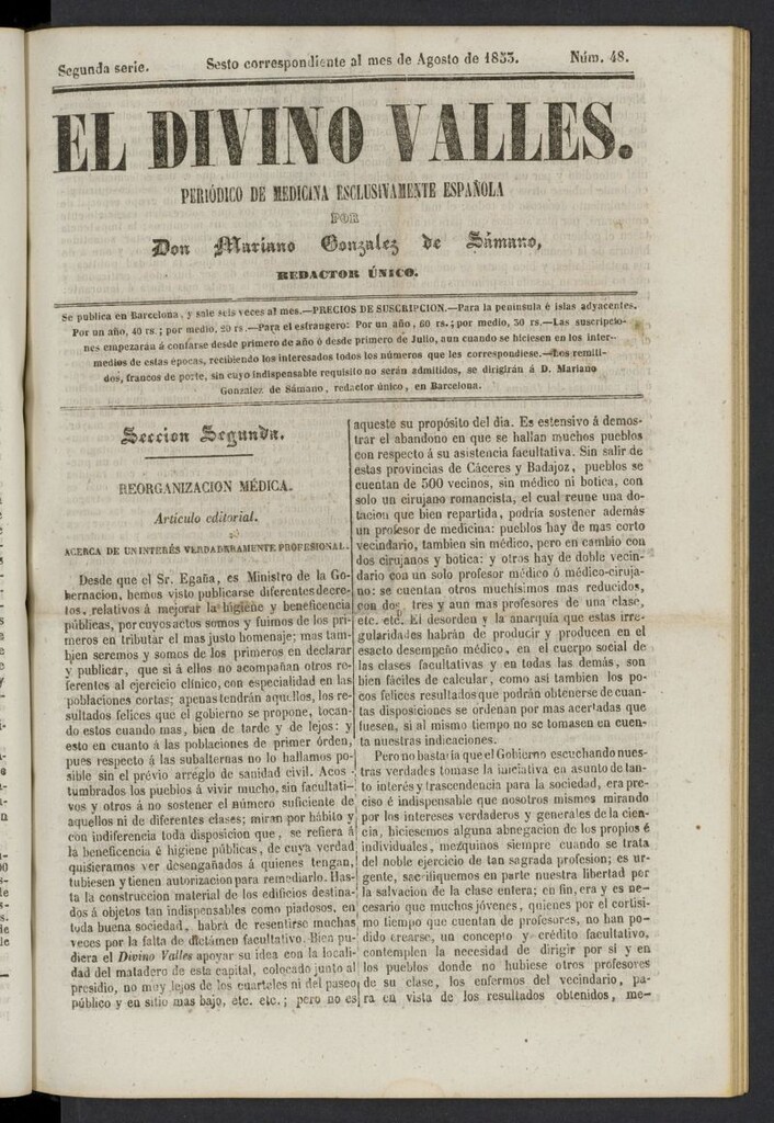 Miniatura de El Divino Vallés: periódico de medicina esclusivamente nacional 6º al mes de agosto de 1853, nº 48