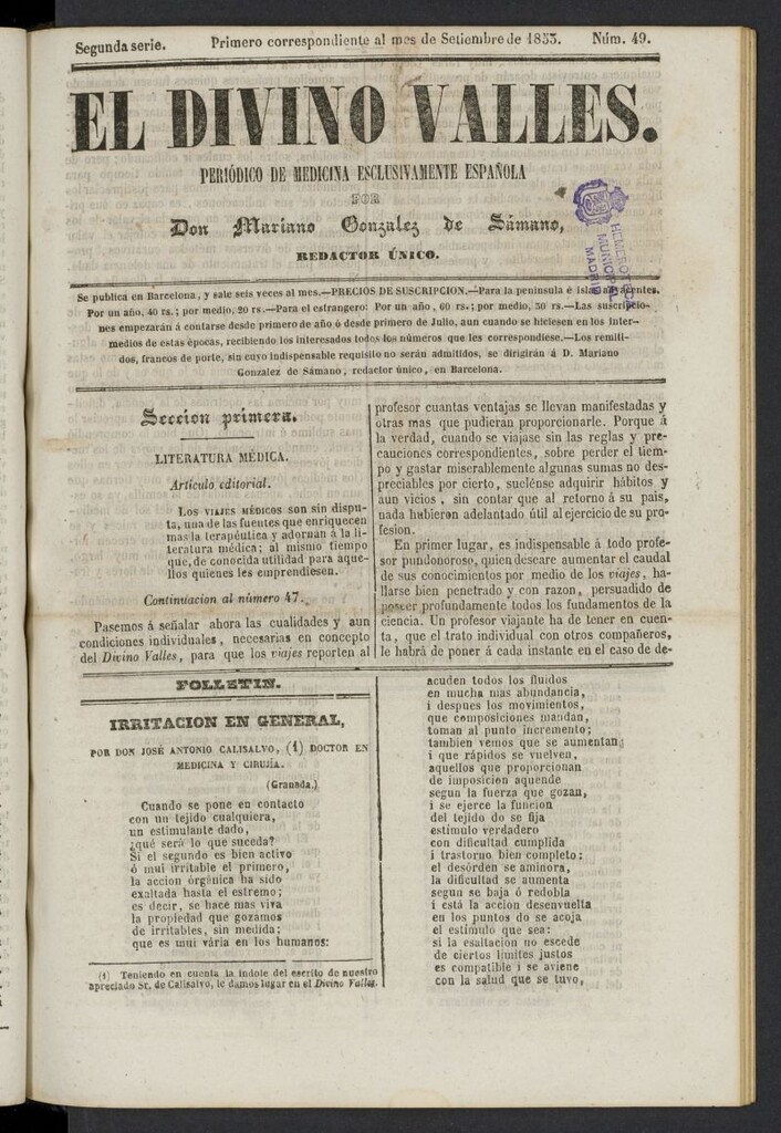Miniatura de El Divino Vallés del 1 de septiembre de 1853, nº 49