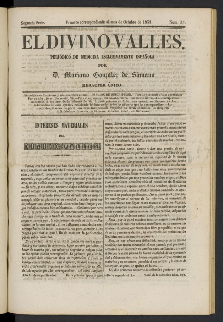 Miniatura de El Divino Vallés: periódico de medicina esclusivamente nacional 1º al mes de octubre de 1853, nº 55