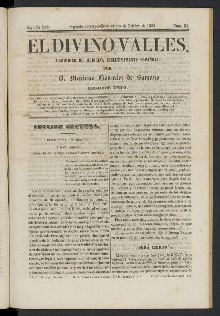 Miniatura de El Divino Vallés: periódico de medicina esclusivamente nacional 2º al mes de octubre de 1853, nº 56