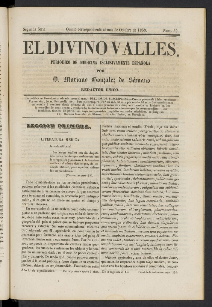 Miniatura de El Divino Vallés: periódico de medicina esclusivamente nacional 5º al mes de octubre de 1853, nº 59
