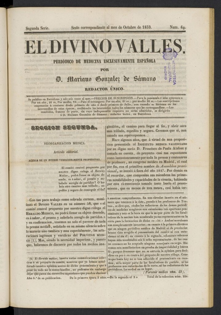 Miniatura de El Divino Vallés: periódico de medicina esclusivamente nacional 6º al mes de octubre de 1853, nº 60