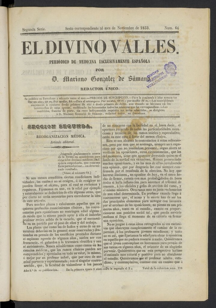 Miniatura de El Divino Vallés del 6 de noviembre de 1853, nº 66