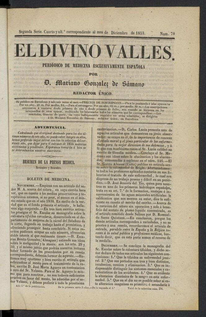 Miniatura de El Divino Vallés del 4 de diciembre de 1853, nº 70