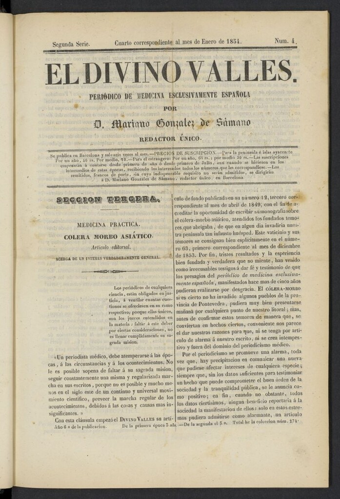 Miniatura de El Divino Vallés: periódico de medicina esclusivamente nacional 4º al mes de enero de 1854, nº 4