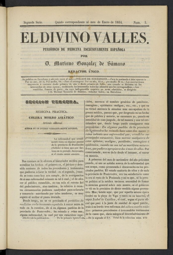 Miniatura de El Divino Vallés: periódico de medicina esclusivamente nacional 5º al mes de enero de 1854, nº 5