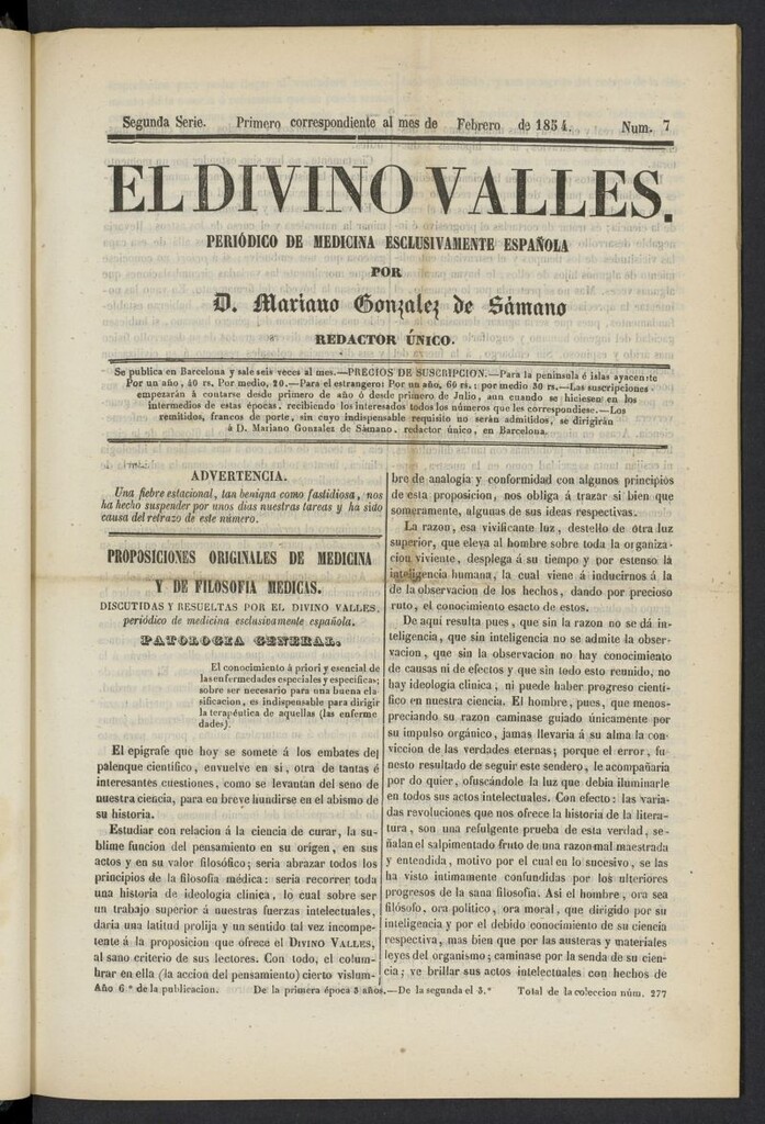 Miniatura de El Divino Vallés: periódico de medicina esclusivamente nacional 1º al mes de febrero de 1854, nº 7
