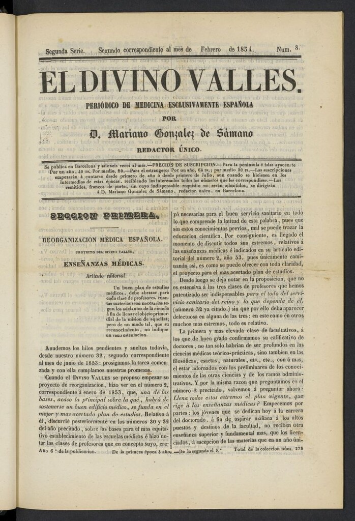Miniatura de El Divino Vallés: periódico de medicina esclusivamente nacional 2º al mes de febrero de 1854, nº 8