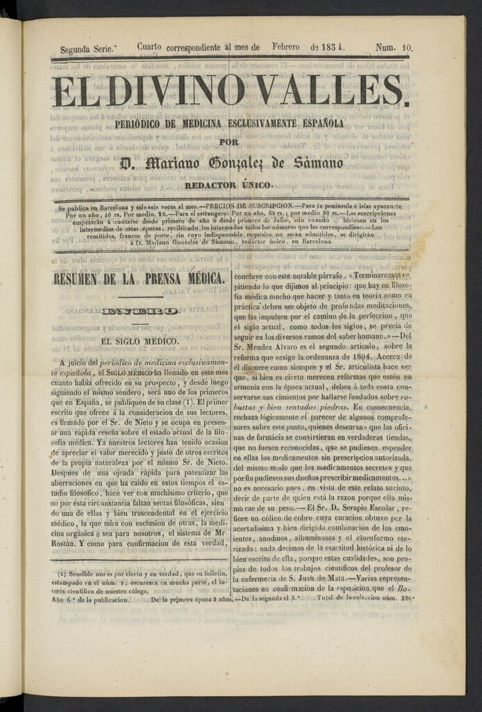 Miniatura de El Divino Vallés: periódico de medicina esclusivamente nacional 4º al mes de febrero de 1854, nº 10