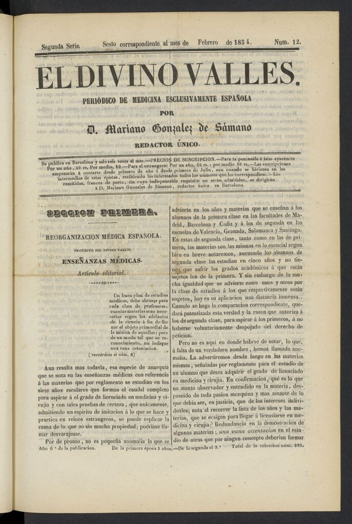 Miniatura de El Divino Vallés: periódico de medicina esclusivamente nacional 6º al mes de febrero de 1854, nº 12