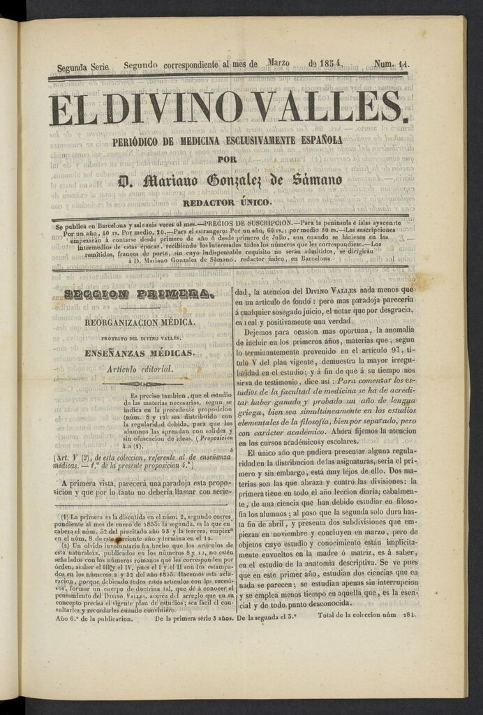 Miniatura de El Divino Vallés: periódico de medicina esclusivamente nacional 2º al mes de marzo de 1854, nº 14