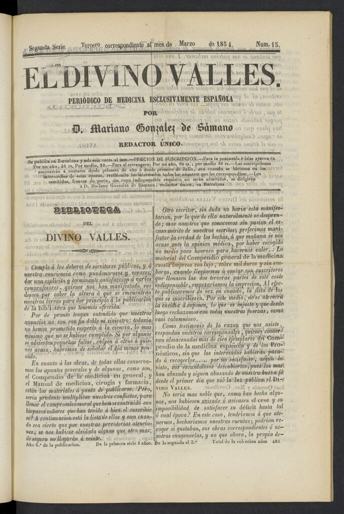 Miniatura de El Divino Vallés: periódico de medicina esclusivamente nacional 3º al mes de marzo de 1854, nº 15
