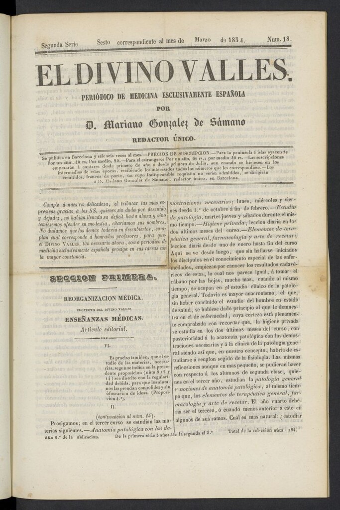 Miniatura de El Divino Vallés: periódico de medicina esclusivamente nacional 6º al mes de marzo de 1854, nº 18