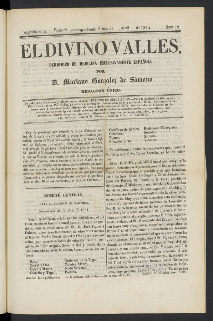 Miniatura de El Divino Vallés: periódico de medicina esclusivamente nacional 1º al mes de abril de 1854, nº 19