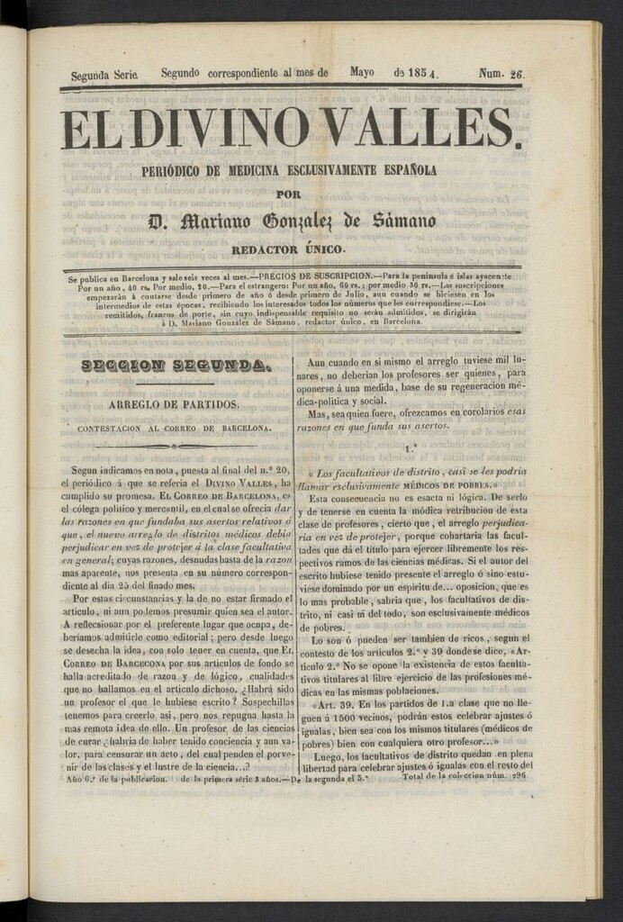 Miniatura de El Divino Vallés: periódico de medicina esclusivamente nacional 2º al mes de mayo de 1854, nº 26