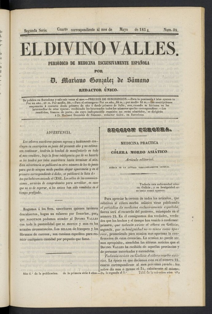Miniatura de El Divino Vallés: periódico de medicina esclusivamente nacional 4º al mes de mayo de 1854, nº 28