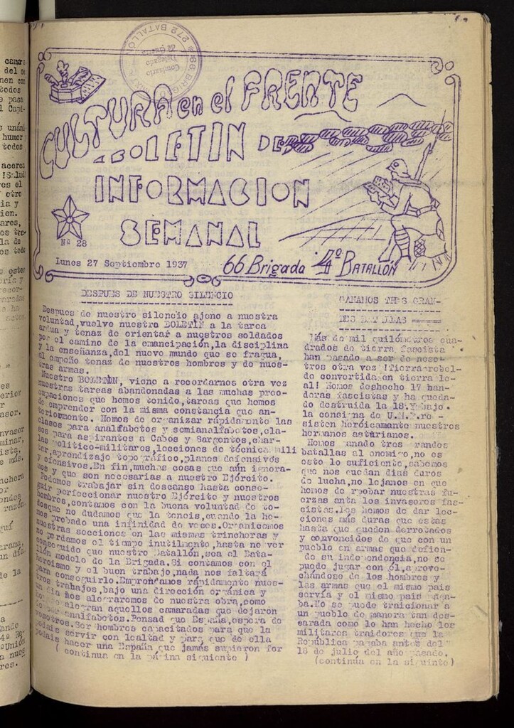 Miniatura de Cultura en el Frente: boletín de información semanal del 27 de septiembre de 1937