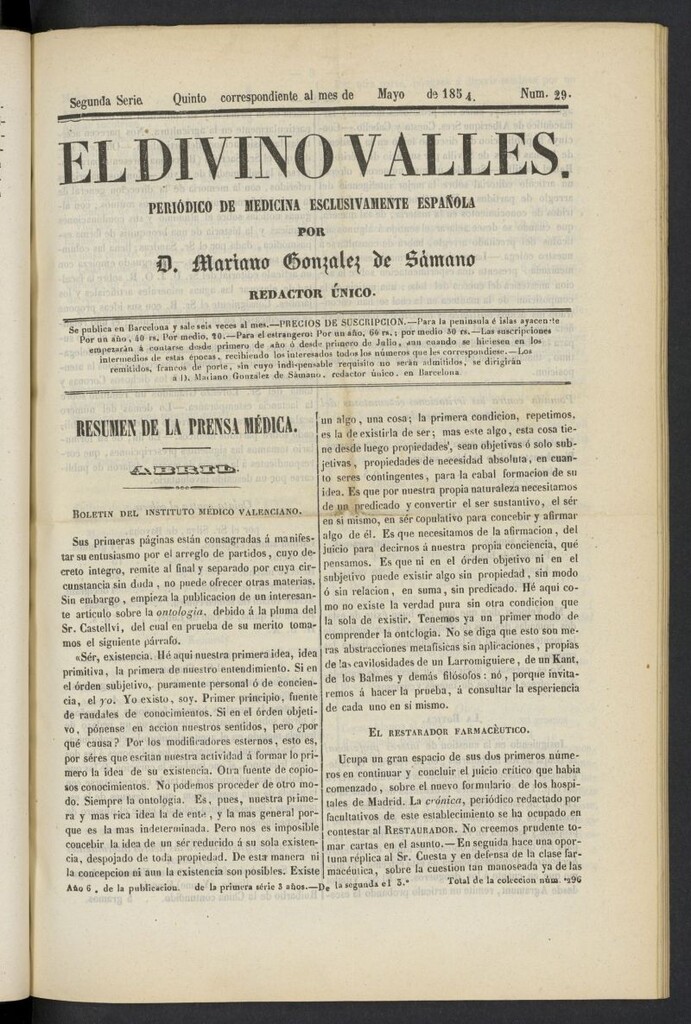Miniatura de El Divino Vallés: periódico de medicina esclusivamente nacional 5º al mes de mayo de 1854, nº 29