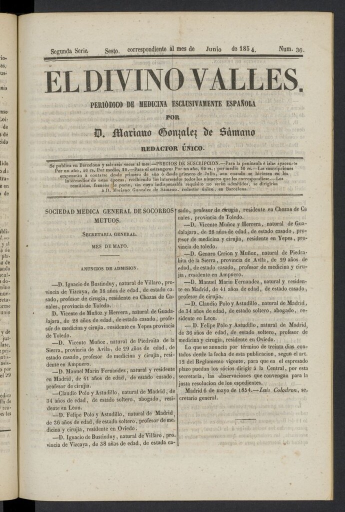 Miniatura de El Divino Vallés: periódico de medicina esclusivamente nacional 6º del mes de junio de 1854, nº 36