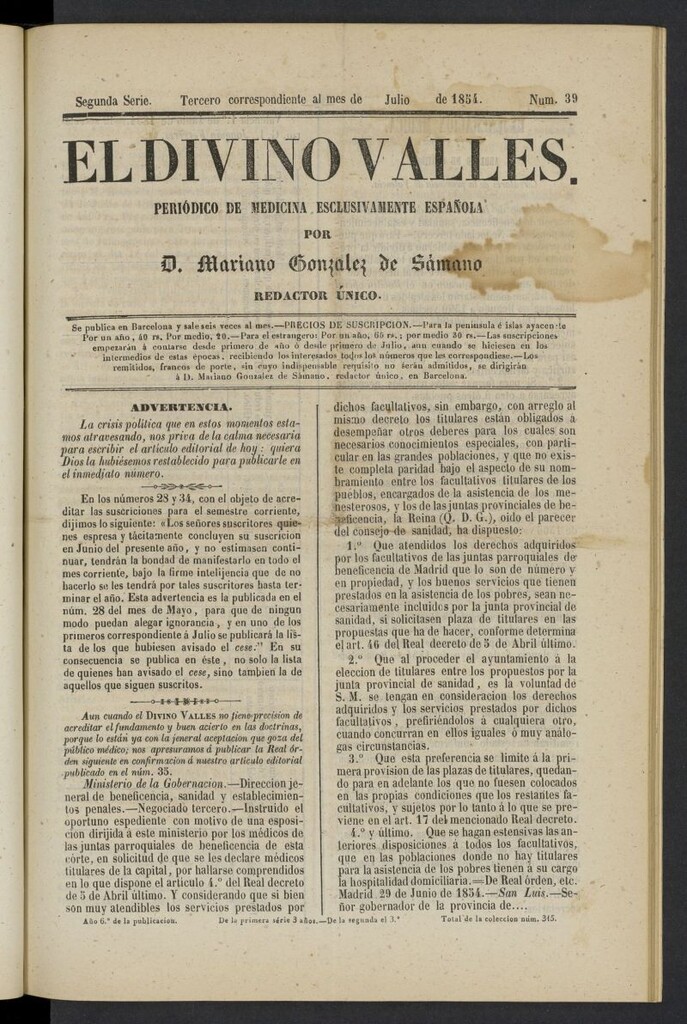Miniatura de El Divino Vallés: periódico de medicina esclusivamente nacional 3º al mes de julio de 1854, nº 39