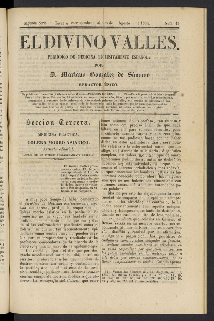 Miniatura de El Divino Vallés: periódico de medicina esclusivamente nacional 3º al mes de agosto de 1854, nº 45