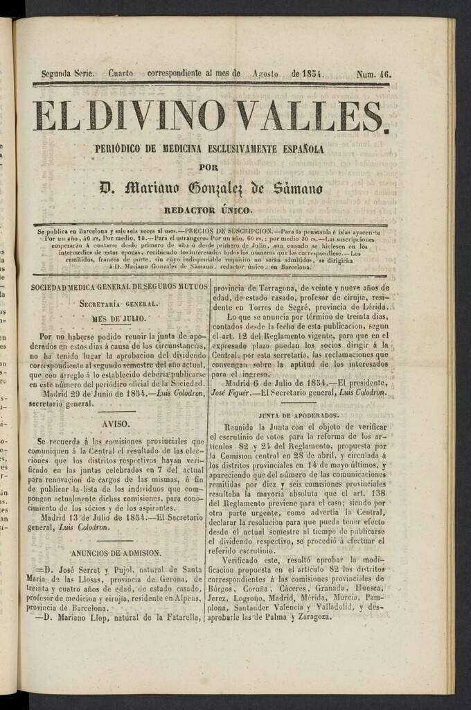 Miniatura de El Divino Vallés: periódico de medicina esclusivamente nacional 4º al mes de agosto de 1854, nº 46
