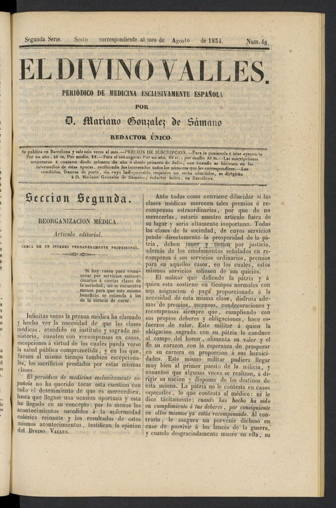 Miniatura de El Divino Vallés: periódico de medicina esclusivamente nacional 6º al mes de agosto de 1854, nº 48