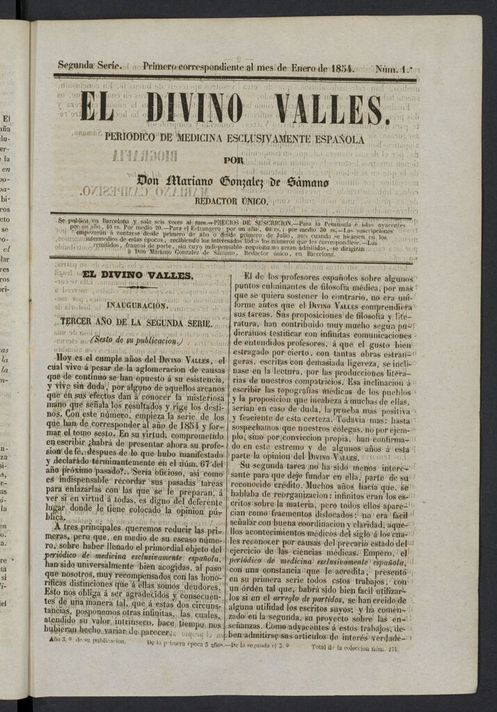 Miniatura de El Divino Vallés: periódico de medicina esclusivamente nacional 1º al mes de enero de 1854, nº 1