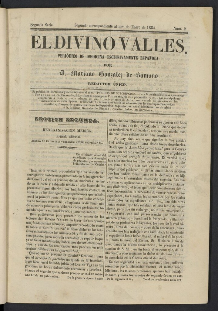 Miniatura de El Divino Vallés: periódico de medicina esclusivamente nacional 2º al mes de enero de 1854, nº 2