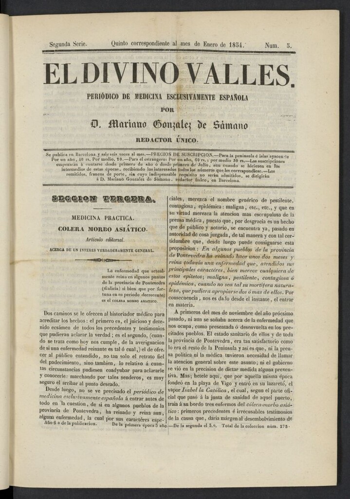 Miniatura de El Divino Vallés: periódico de medicina esclusivamente nacional 5º al mes de enero de 1854, nº 5