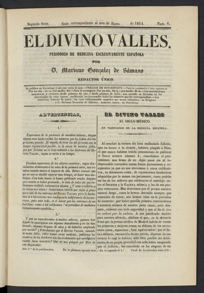 Miniatura de El Divino Vallés: periódico de medicina esclusivamente nacional 6º al mes de enero de 1854, nº 6