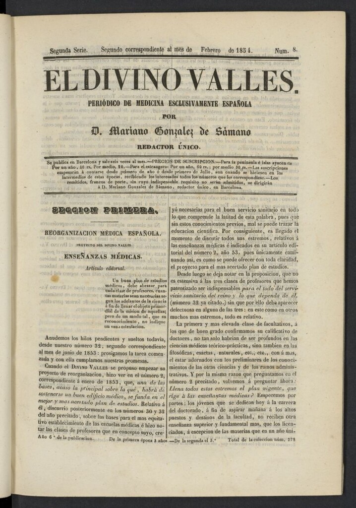 Miniatura de El Divino Vallés: periódico de medicina esclusivamente nacional 2º al mes de febrero de 1854, nº 8