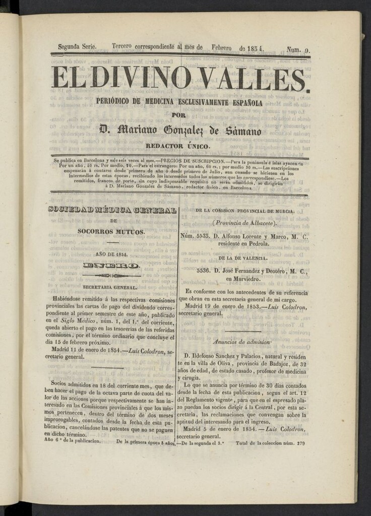Miniatura de El Divino Vallés: periódico de medicina esclusivamente nacional 3º al mes de febrero de 1854, nº 9