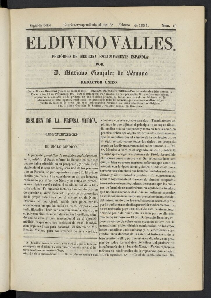 Miniatura de El Divino Vallés: periódico de medicina esclusivamente nacional 4º al mes de febrero de 1854, nº 10