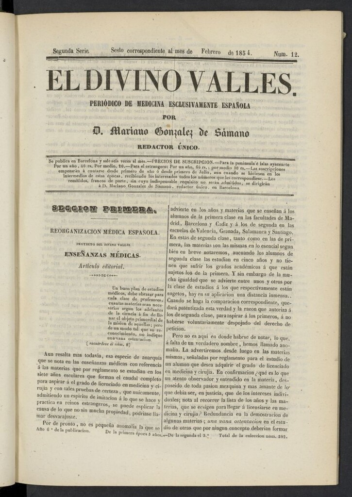 Miniatura de El Divino Vallés: periódico de medicina esclusivamente nacional 6º al mes de febrero de 1854, nº 12