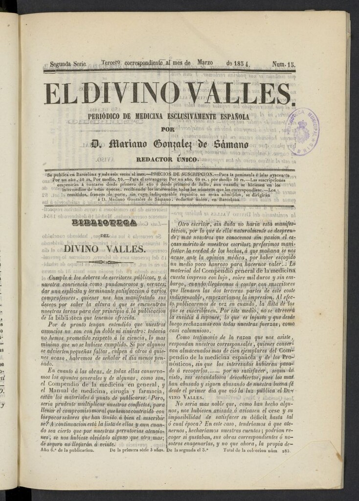 Miniatura de El Divino Vallés: periódico de medicina esclusivamente nacional 3º al mes de marzo de 1854, nº 15