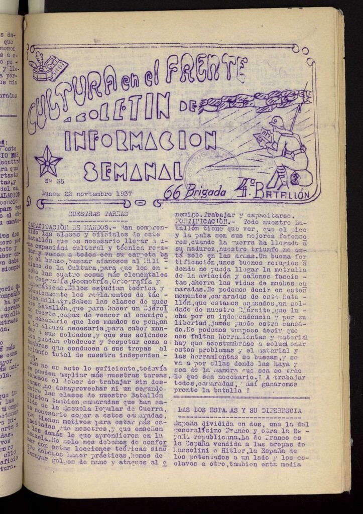 Miniatura de Cultura en el Frente: boletín de información semanal del 22 de noviembre de 1937