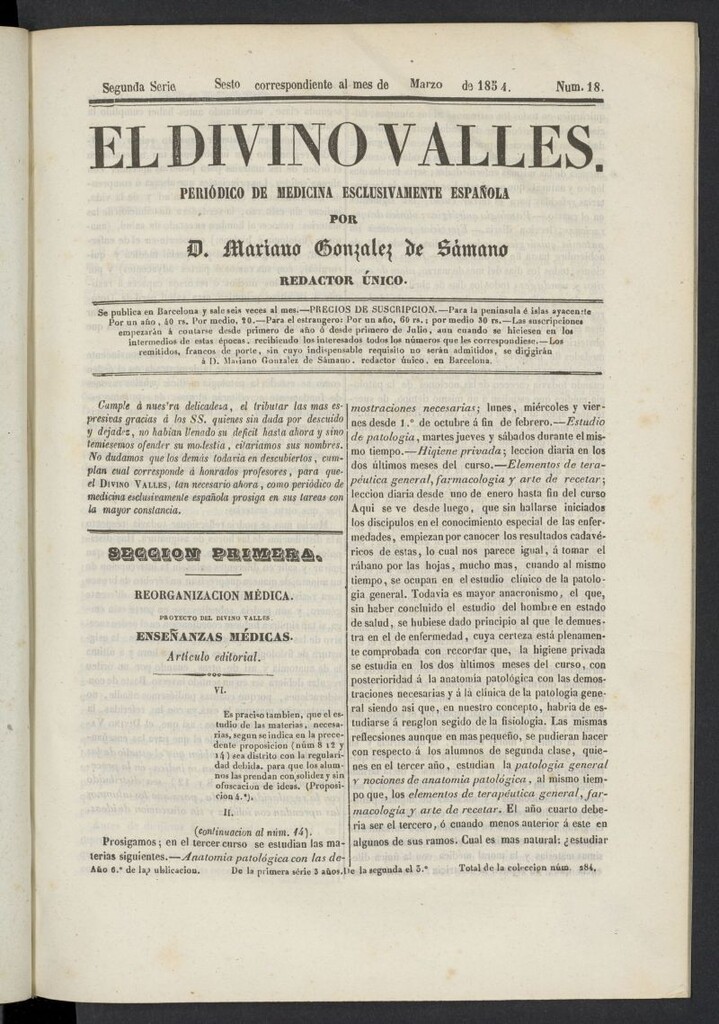 Miniatura de El Divino Vallés: periódico de medicina esclusivamente nacional 6º al mes de marzo de 1854, nº 18