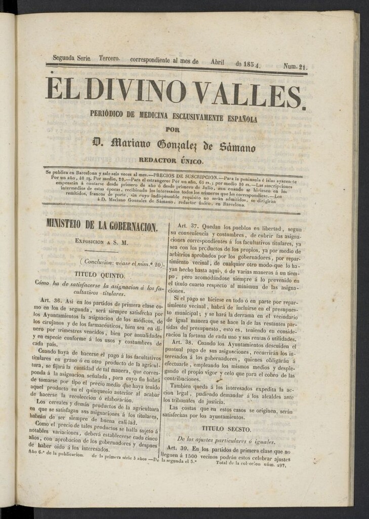 Miniatura de El Divino Vallés: periódico de medicina esclusivamente nacional 3º al mes de abril de 1854, nº 21