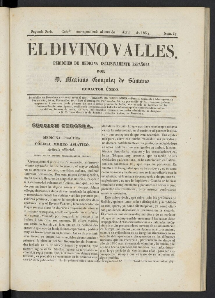 Miniatura de El Divino Vallés: periódico de medicina esclusivamente nacional 4º al mes de abril de 1854, nº 22
