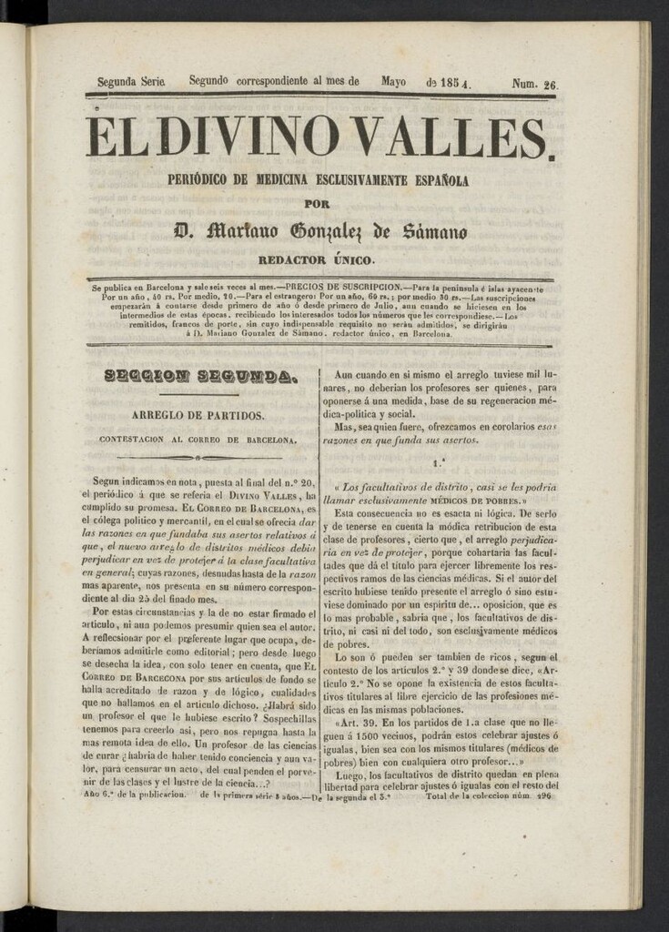 Miniatura de El Divino Vallés: periódico de medicina esclusivamente nacional 2º al mes de mayo de 1854, nº 26