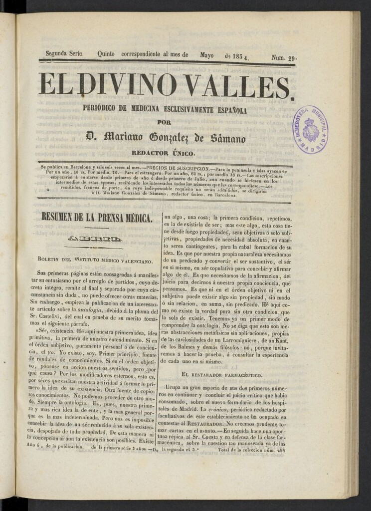 Miniatura de El Divino Vallés: periódico de medicina esclusivamente nacional 5º al mes de mayo de 1854, nº 29