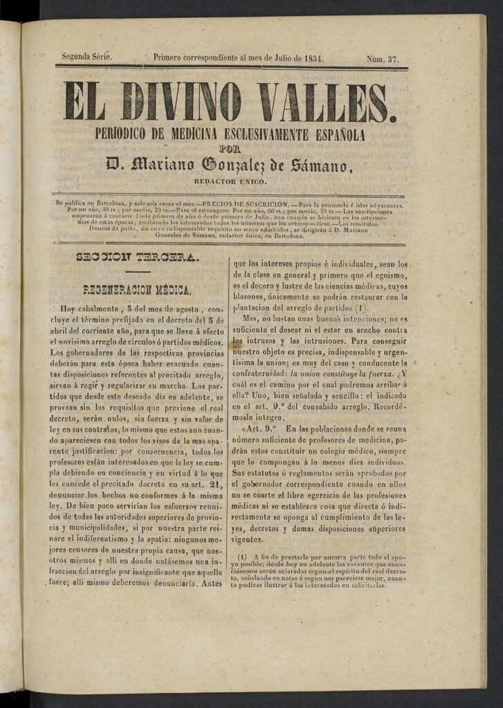 Miniatura de El Divino Vallés: periódico de medicina esclusivamente nacional 1º al mes de julio de 1854, nº 37