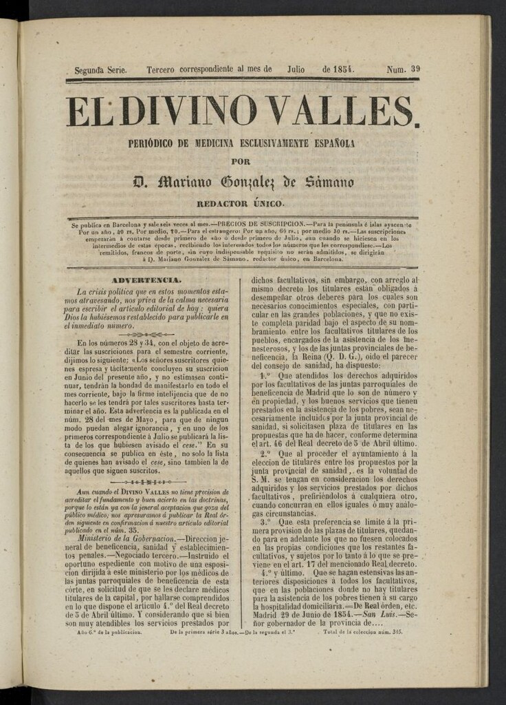 Miniatura de El Divino Vallés: periódico de medicina esclusivamente nacional 3º al mes de julio de 1854, nº 39