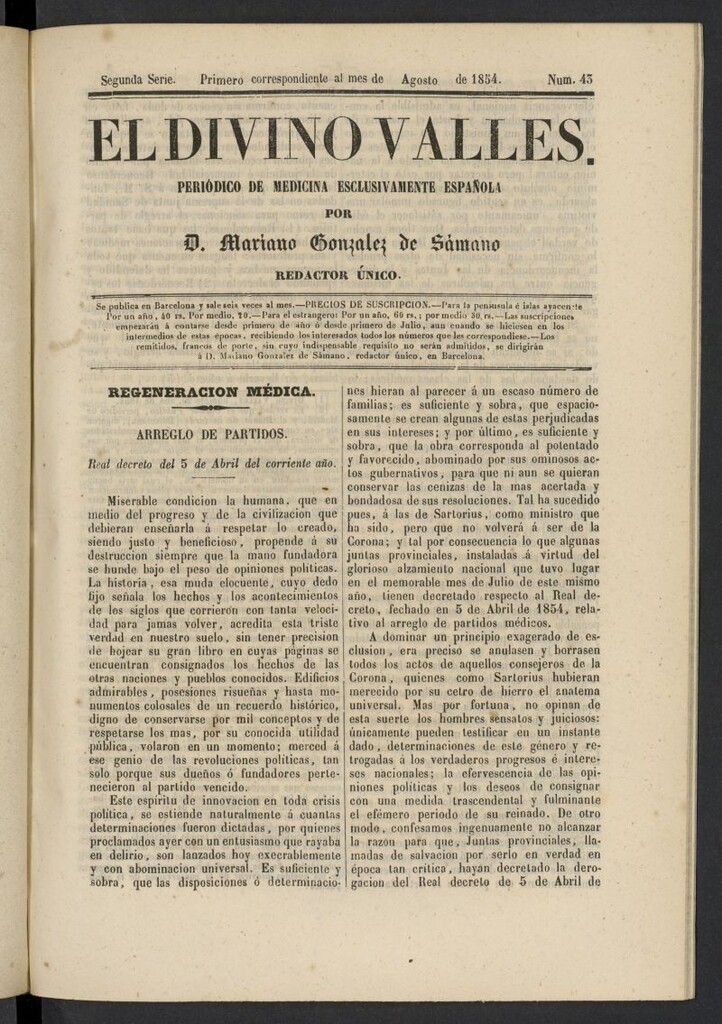 Miniatura de El Divino Vallés: periódico de medicina esclusivamente nacional 1º al mes de agosto de 1854, nº 43