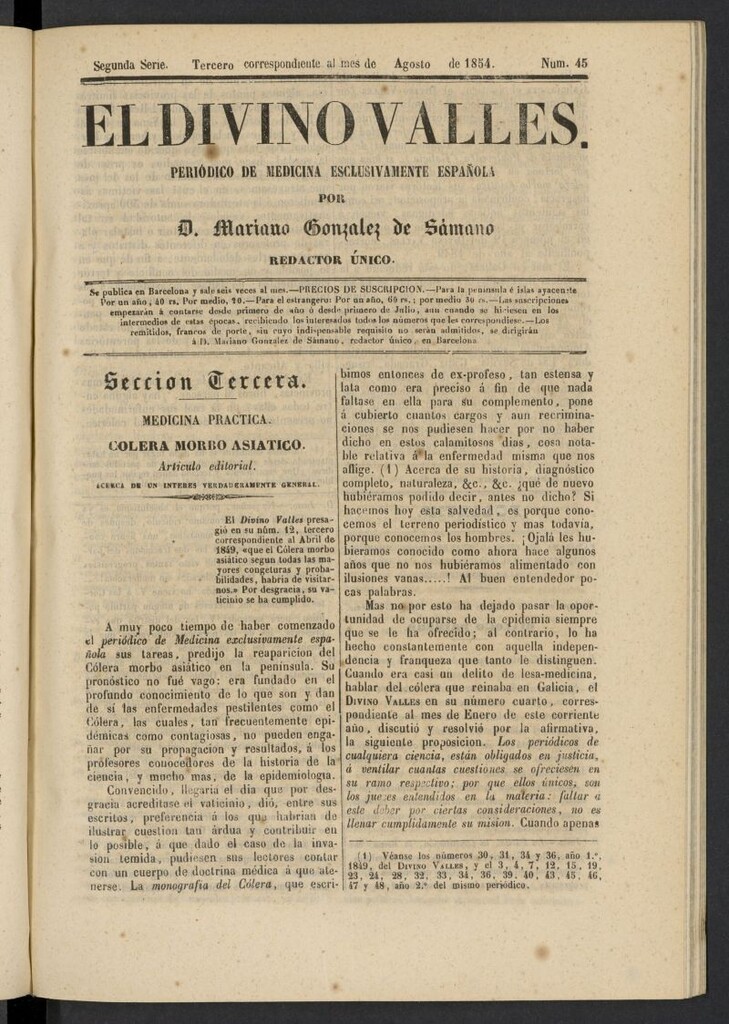 Miniatura de El Divino Vallés: periódico de medicina esclusivamente nacional 3º al mes de agosto de 1854, nº 45