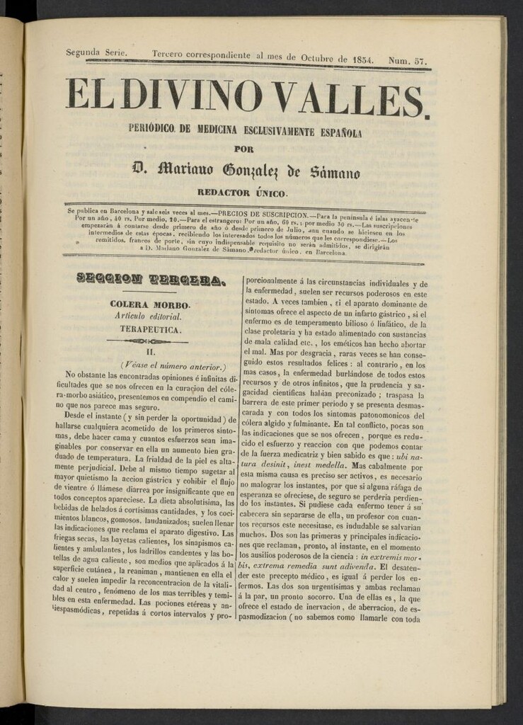 Miniatura de El Divino Vallés: periódico de medicina esclusivamente nacional 3º al mes de octubre de 1854, nº 57