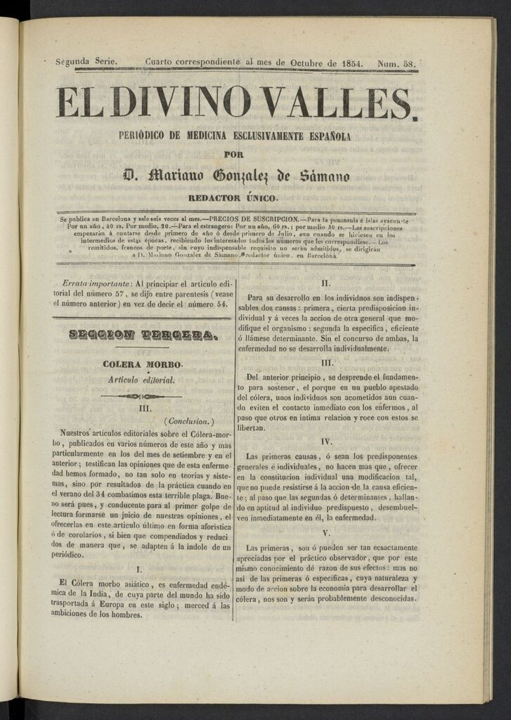 Miniatura de El Divino Vallés: periódico de medicina esclusivamente nacional 4º al mes de octubre de 1854, nº 58