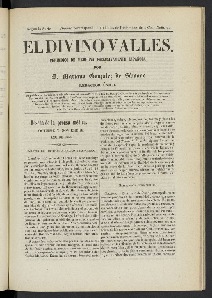 Miniatura de El Divino Vallés del 3 de diciembre de 1854, nº 69
